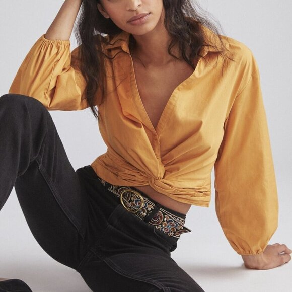 Anthropologie Sunday In Brooklyn Twist-Front V-Neck Blouse In Gold - Picture 1 of 13